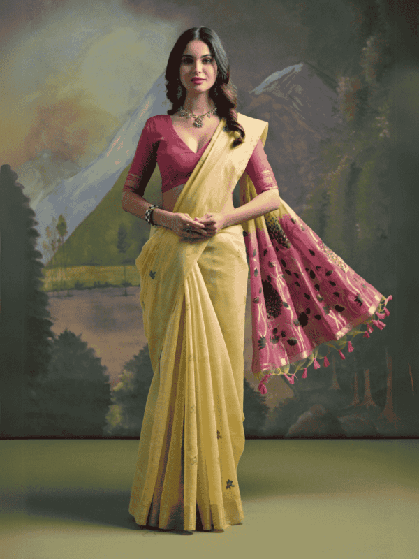 Luxurious soft silk saree with a vibrant resham pallu, peacock weaving, traditional zari border, resham butties, and a stylish contrast blouse piece.