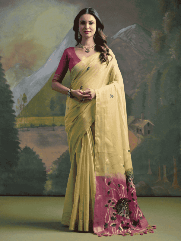 Luxurious soft silk saree with a vibrant resham pallu, peacock weaving, traditional zari border, resham butties, and a stylish contrast blouse piece.