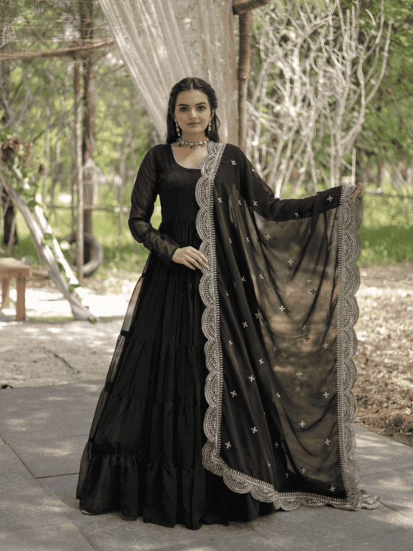 Fully flared Faux Georgette gown with 15M flair, full sleeves, and a sequins embroidered dupatta – available in 7 stunning colors.