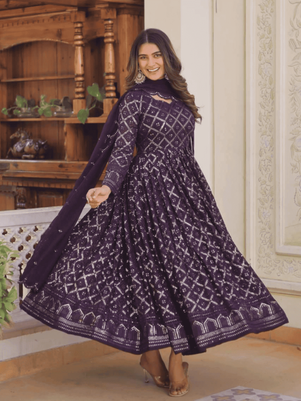 Elegant Faux Blooming gown with sequins embroidery and matching dupatta in Wine and Rani colors