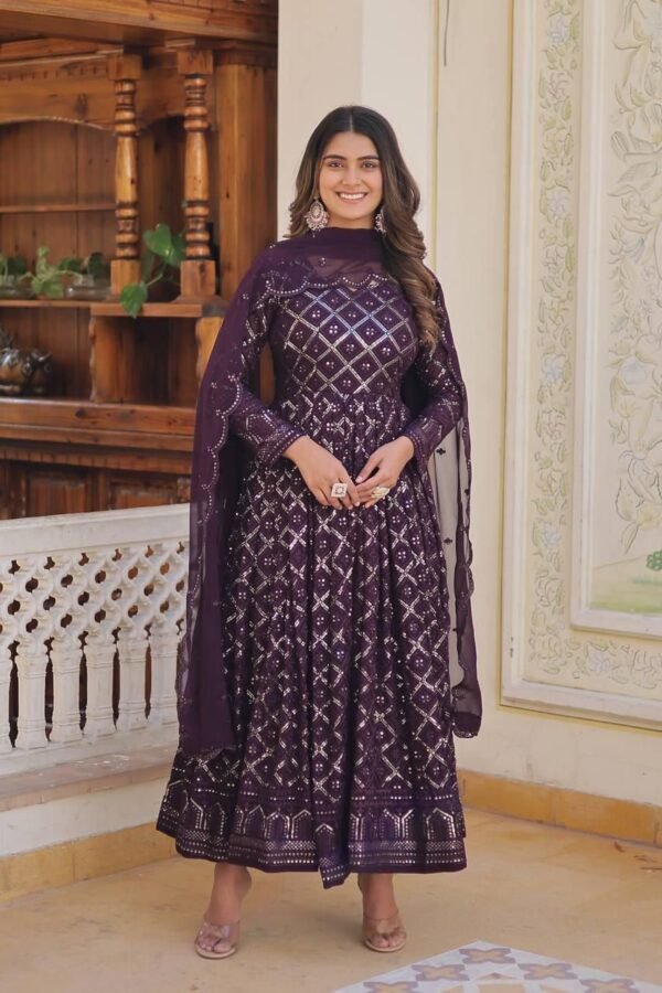 Elegant Faux Blooming gown with sequins embroidery and matching dupatta in Wine and Rani colors