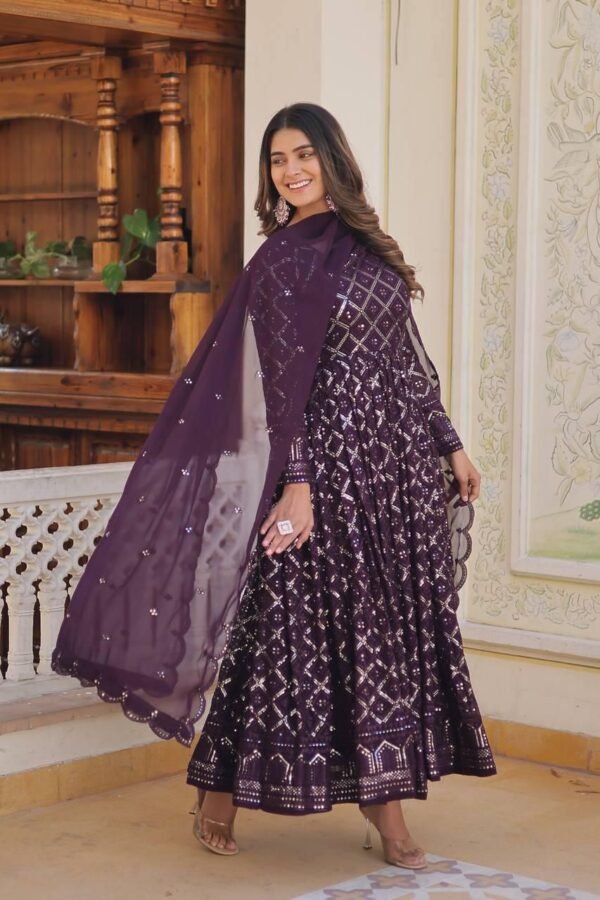 Elegant Faux Blooming gown with sequins embroidery and matching dupatta in Wine and Rani colors