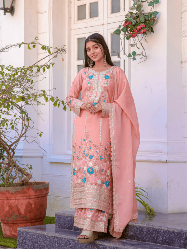 Chinon Silk Top & Plazzo Set with embroidery, sequin work & cutwork dupatta