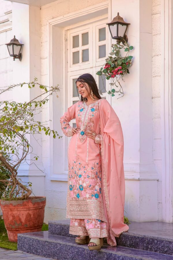 Chinon Silk Top & Plazzo Set with embroidery, sequin work & cutwork dupatta