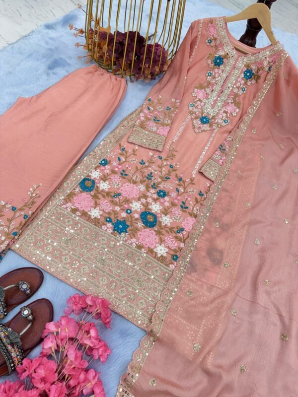 Chinon Silk Top & Plazzo Set with embroidery, sequin work & cutwork dupatta