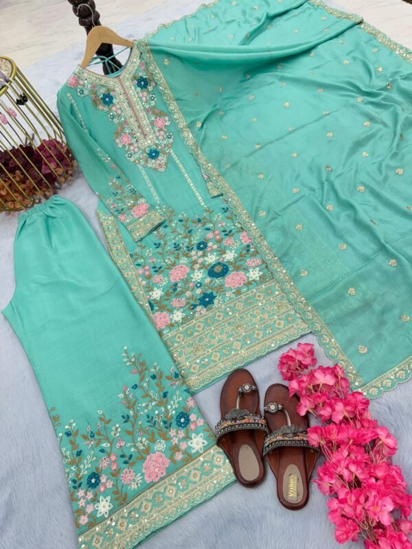 Chinon Silk Top & Plazzo Set with embroidery, sequin work & cutwork dupatta