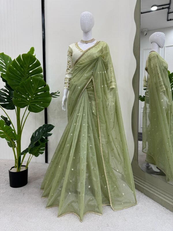 Heavy Twill Net Saree with thread & sequin work and stitched Bangalore Silk blouse