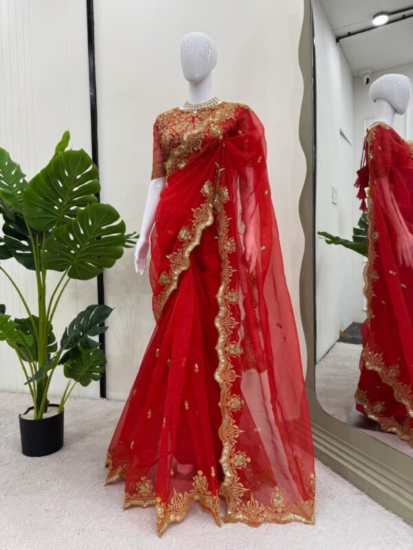 Heavy Organza Silk Saree with thread & sequin work and matching blouse