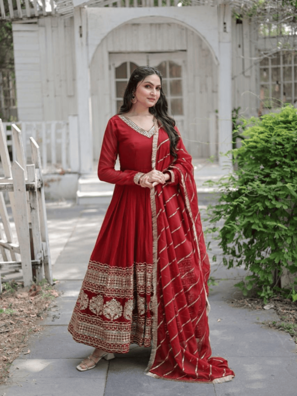 Faux Blooming Gown with Sequins Embroidery, V-Neck, and Full Sleeves Dupatta Set