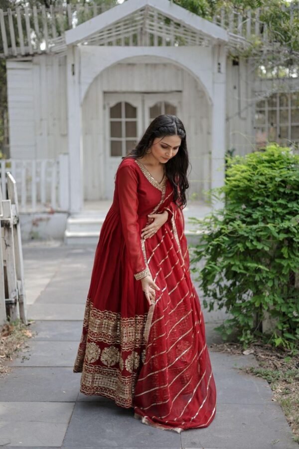 Faux Blooming Gown with Sequins Embroidery, V-Neck, and Full Sleeves Dupatta Set