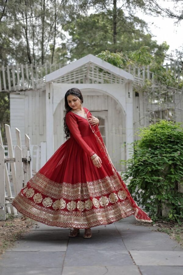 Faux Blooming Gown with Sequins Embroidery, V-Neck, and Full Sleeves Dupatta Set