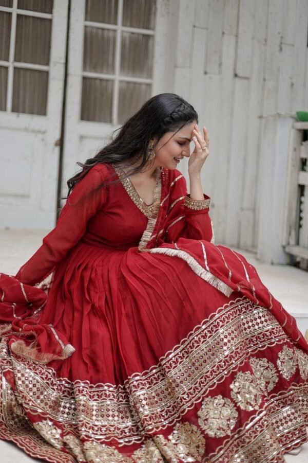 Faux Blooming Gown with Sequins Embroidery, V-Neck, and Full Sleeves Dupatta Set