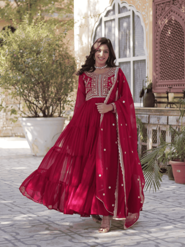 Premium Faux Blooming Georgette gown with embroidered pearl work and matching dupatta