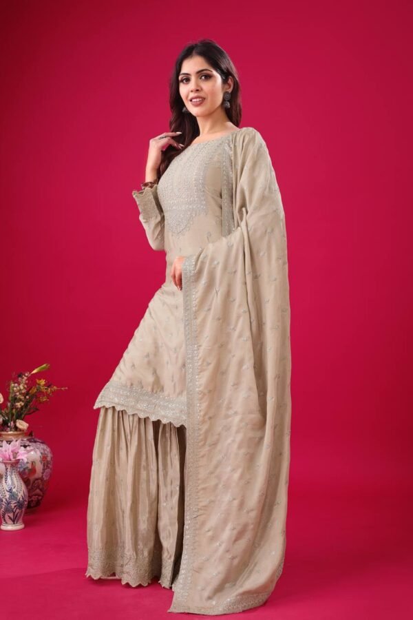 Designer Chinon Silk Sharara set with embroidery sequence work and matching dupatta