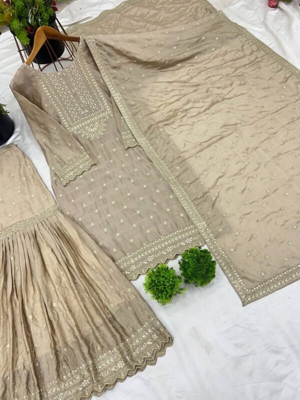 Designer Chinon Silk Sharara set with embroidery sequence work and matching dupatta