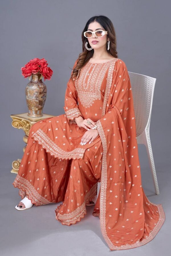 Designer Chinon Silk Sharara set with embroidery sequence work and matching dupatta