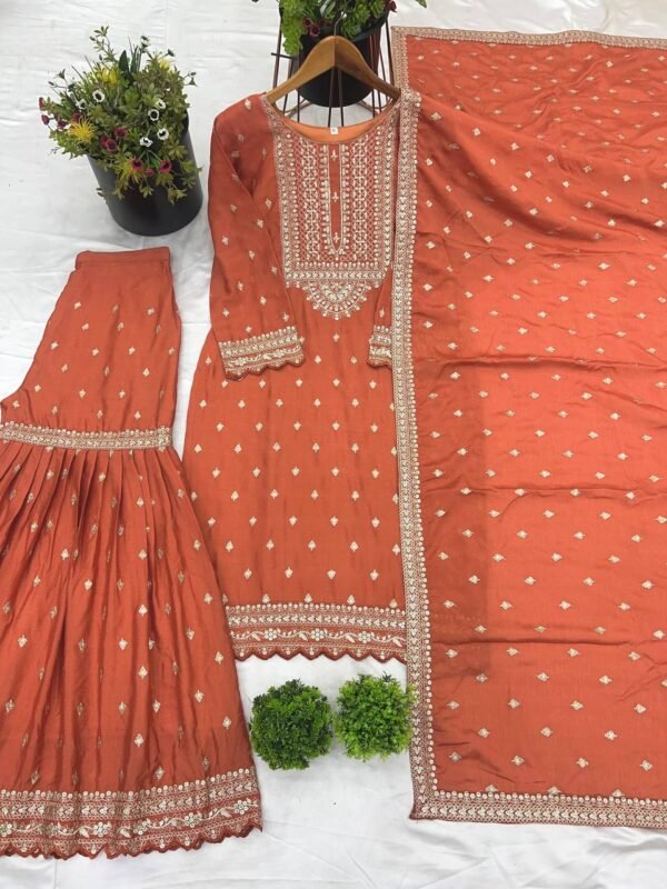 Designer Chinon Silk Sharara set with embroidery sequence work and matching dupatta